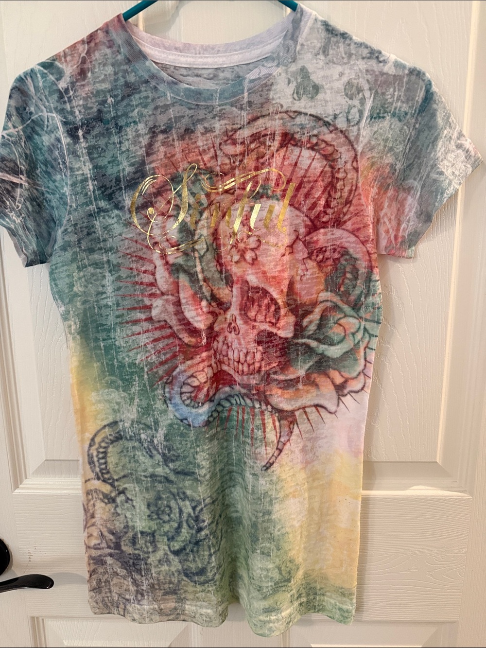 Graphic Skull & Snake Tie-Dye Tee in Green, Red, Yellow